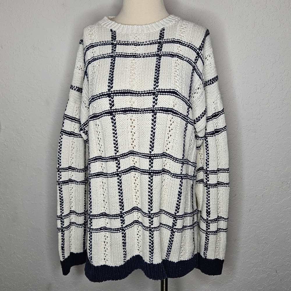 VTG Jacqueline Ferrar Fisherman‎ Chunky Knit Sweater Ivory Navy Coastal Preppy L